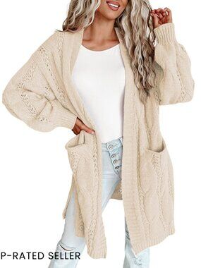 Oversized Cardigan Sweater Elegant Lantern Sleeves Open Front Pockets